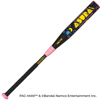 The 2027 Marucci ASURA Rise PAC-MAN (-11) Fastpitch Softball Bat features a black design with pink, Pac-Man and ghost graphics, an anti-vibration knob, yellow "ASURA" lettering, and yellow "30/19" near the barrel.
