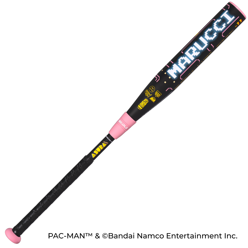 The 2027 Marucci ASURA Rise PAC-MAN (-11) Fastpitch Softball Bat features a black design with a pixelated white MARUCCI logo, pink accents, Pac-Man graphics, and advanced Rise Sync Barrel Technology.