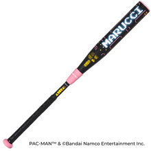 The 2027 Marucci ASURA Rise PAC-MAN (-11) Fastpitch Softball Bat features a black design with a pixelated white MARUCCI logo, pink accents, Pac-Man graphics, and advanced Rise Sync Barrel Technology.