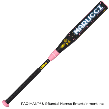 The 2027 Marucci ASURA Rise PAC-MAN (-11) Fastpitch Softball Bat features a black design with a pixelated white MARUCCI logo, pink accents, Pac-Man graphics, and advanced Rise Sync Barrel Technology.