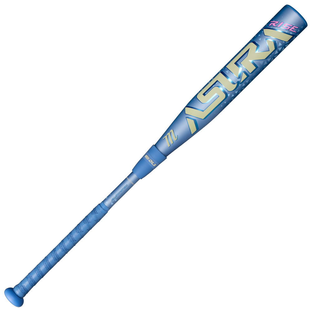 A blue and silver Marucci 2027 ASURA Rise (-11) fastpitch softball bat (model MFPASR11), with "ASURA" in large letters on the barrel and "RISE" in pink near the end, features a wider sweet spot and an anti-vibration knob, shown on a white background.