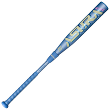 A blue and silver Marucci 2027 ASURA Rise (-11) fastpitch softball bat (model MFPASR11), with "ASURA" in large letters on the barrel and "RISE" in pink near the end, features a wider sweet spot and an anti-vibration knob, shown on a white background.