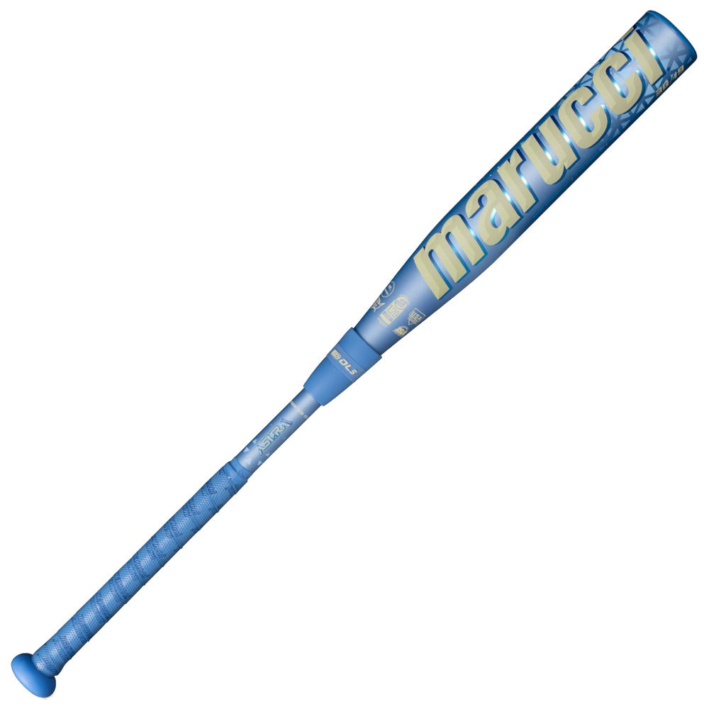 A blue 2027 Marucci ASURA Rise (-11) Fastpitch Softball Bat (MFPASR11), featuring a textured grip, anti-vibration knob, and prominent Marucci branding along the barrel, displayed against a plain white background.