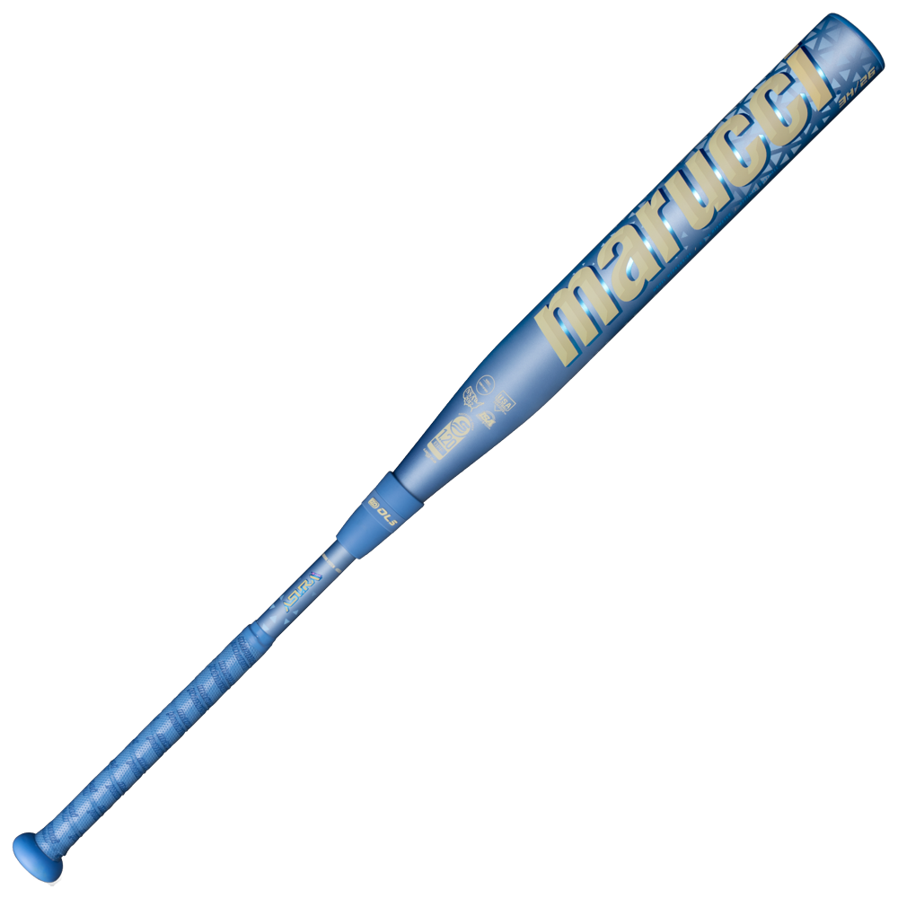 The 2027 Marucci ASURA Rise (-8) Fastpitch Softball Bat (MFPASR8) by Marucci features a blue design with gold lettering and grip, a wider sweet spot, and is displayed on a white background.