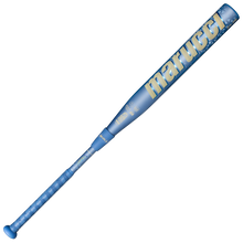 The 2027 Marucci ASURA Rise (-8) Fastpitch Softball Bat (MFPASR8) by Marucci features a blue design with gold lettering and grip, a wider sweet spot, and is displayed on a white background.