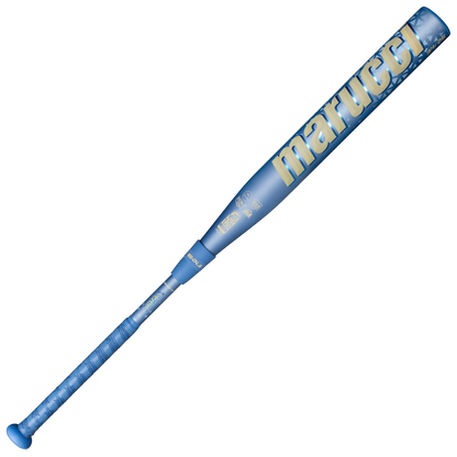 The 2027 Marucci ASURA Rise (-8) Fastpitch Softball Bat (MFPASR8) by Marucci features a blue design with gold lettering and grip, a wider sweet spot, and is displayed on a white background.
