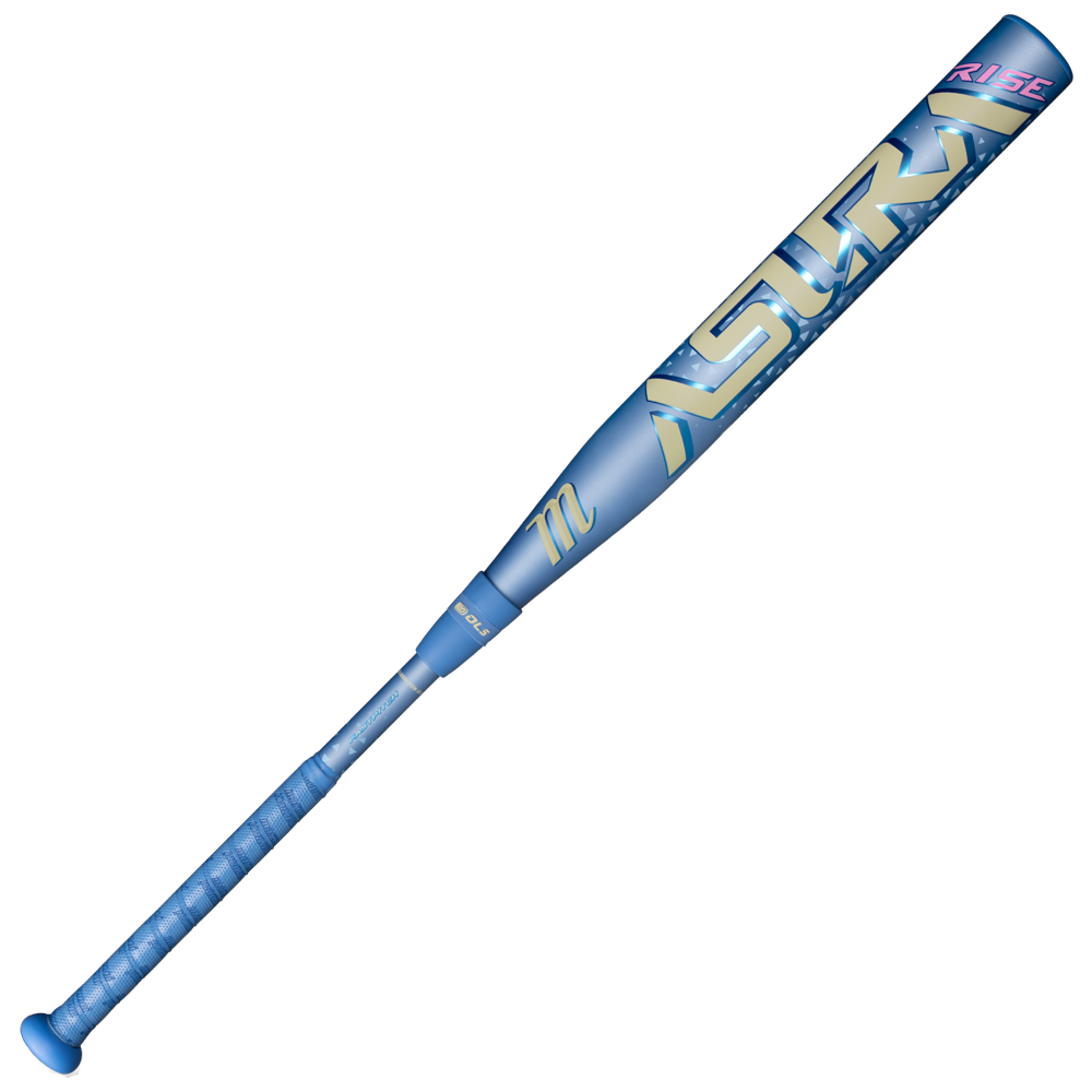 A blue and gold Marucci ASURA Rise (-8) Fastpitch Softball Bat, featuring "ASURA" branding, a textured grip, an anti-vibration knob for enhanced comfort, and the word "RISE" near the top.