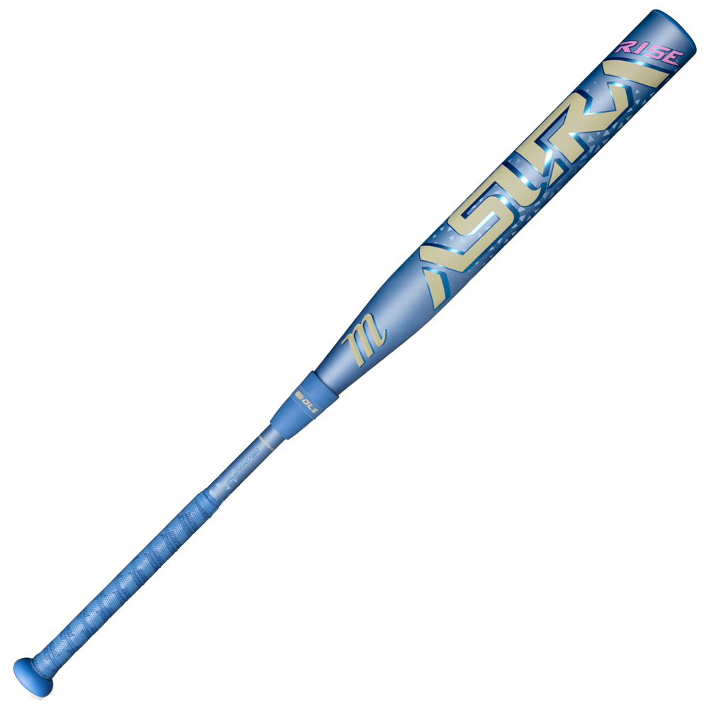The Marucci 2027 ASURA Rise (-9) Fastpitch Softball Bat (MFPASR9) features a striking blue and yellow design with “Astra” and “RISE” graphics, a textured grip, metallic finish, and an anti-vibration knob for enhanced comfort. Engineered by Marucci to help hitters consistently find the sweet spot.