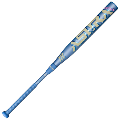 The Marucci 2027 ASURA Rise (-9) Fastpitch Softball Bat (MFPASR9) features a striking blue and yellow design with “Astra” and “RISE” graphics, a textured grip, metallic finish, and an anti-vibration knob for enhanced comfort. Engineered by Marucci to help hitters consistently find the sweet spot.