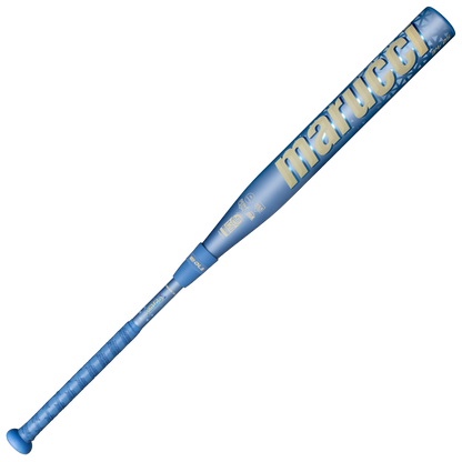A 2027 Marucci ASURA Rise (-9) Fastpitch Softball Bat (MFPASR9) in blue, featuring a textured grip, an anti-vibration knob for enhanced comfort, and bold white Marucci branding along the barrel, displayed on a white background.