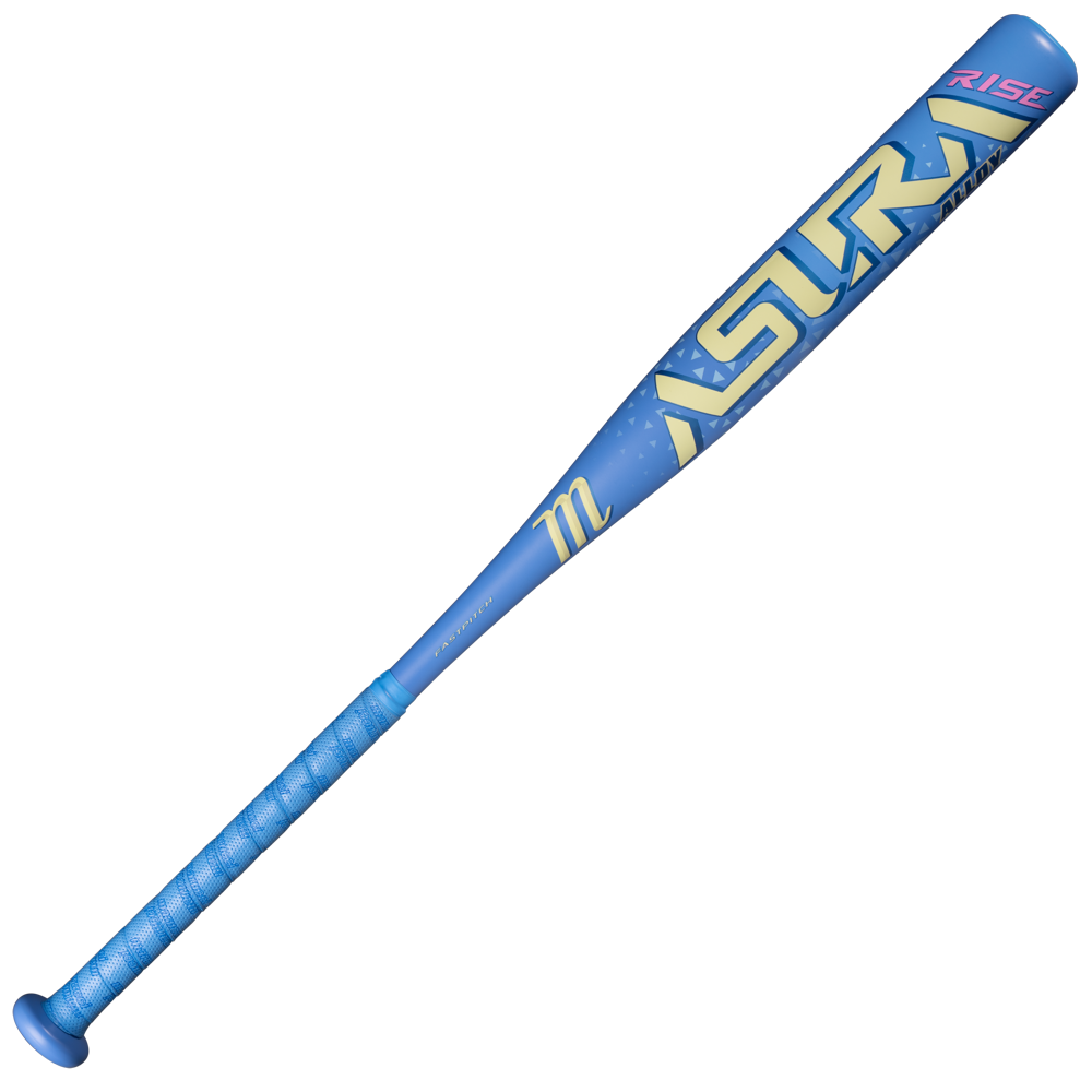 A blue and yellow Marucci 2027 ASURA Rise Alloy (-12) Fastpitch Softball Bat (MFPASRA12) with “ASTRA” inscribed on it, featuring a wrapped handle, a balanced barrel, and the word “RISE” near the end of the one-piece alloy bat.