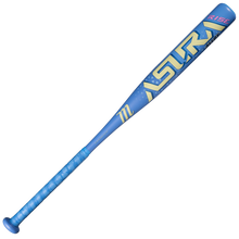 A blue and yellow Marucci 2027 ASURA Rise Alloy (-12) Fastpitch Softball Bat (MFPASRA12) with “ASTRA” inscribed on it, featuring a wrapped handle, a balanced barrel, and the word “RISE” near the end of the one-piece alloy bat.