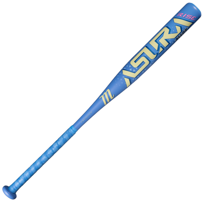 A blue and yellow Marucci 2027 ASURA Rise Alloy (-12) Fastpitch Softball Bat (MFPASRA12) with “ASTRA” inscribed on it, featuring a wrapped handle, a balanced barrel, and the word “RISE” near the end of the one-piece alloy bat.