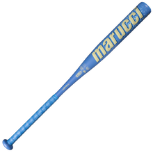 A blue Marucci 2027 ASURA Rise Alloy (-12) Fastpitch Softball Bat with yellow lettering and a textured grip, featuring a balanced barrel, is shown on a white background.