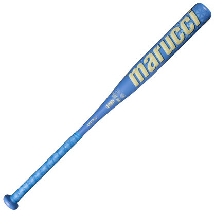 A blue Marucci 2027 ASURA Rise Alloy (-12) Fastpitch Softball Bat with yellow lettering and a textured grip, featuring a balanced barrel, is shown on a white background.