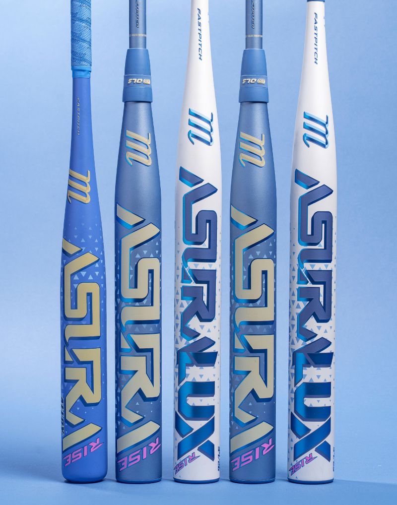 Five Marucci fastpitch bats, featuring a sleek blue and white design and the name ASURA Rise (-10), stand upright against a light blue background, each crafted to emphasize the sweet spot for peak performance.