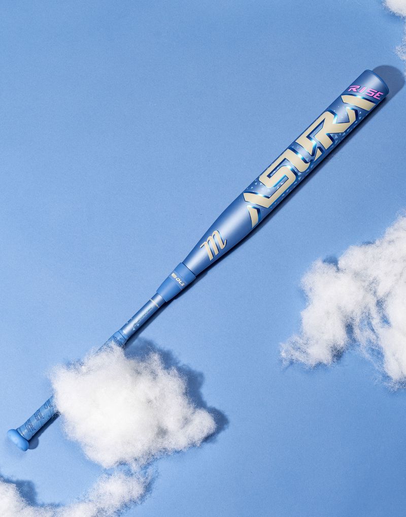 A Marucci ASURA Rise (-9) Fastpitch Softball Bat (MFPASR9) rests on a blue background adorned with fluffy white clouds, making the bat appear as if it is floating in the sky.