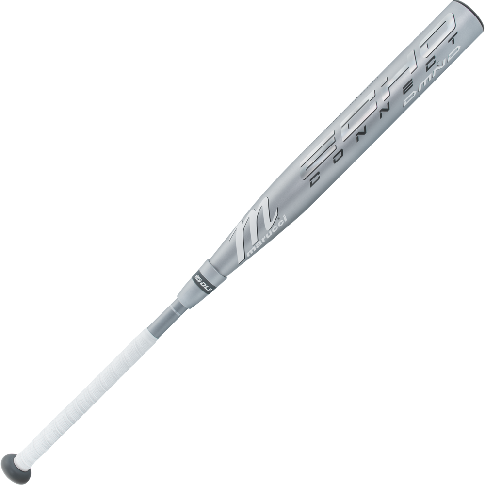 A silver Marucci fastpitch bat with white grip tape, featuring 2025 Echo Connect DMND2 (-10) branding on the barrel. The handle is in the foreground and the barrel recedes into the background for a dynamic angle.
