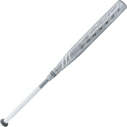 A silver Marucci fastpitch bat with white grip tape, featuring 2025 Echo Connect DMND2 (-10) branding on the barrel. The handle is in the foreground and the barrel recedes into the background for a dynamic angle.