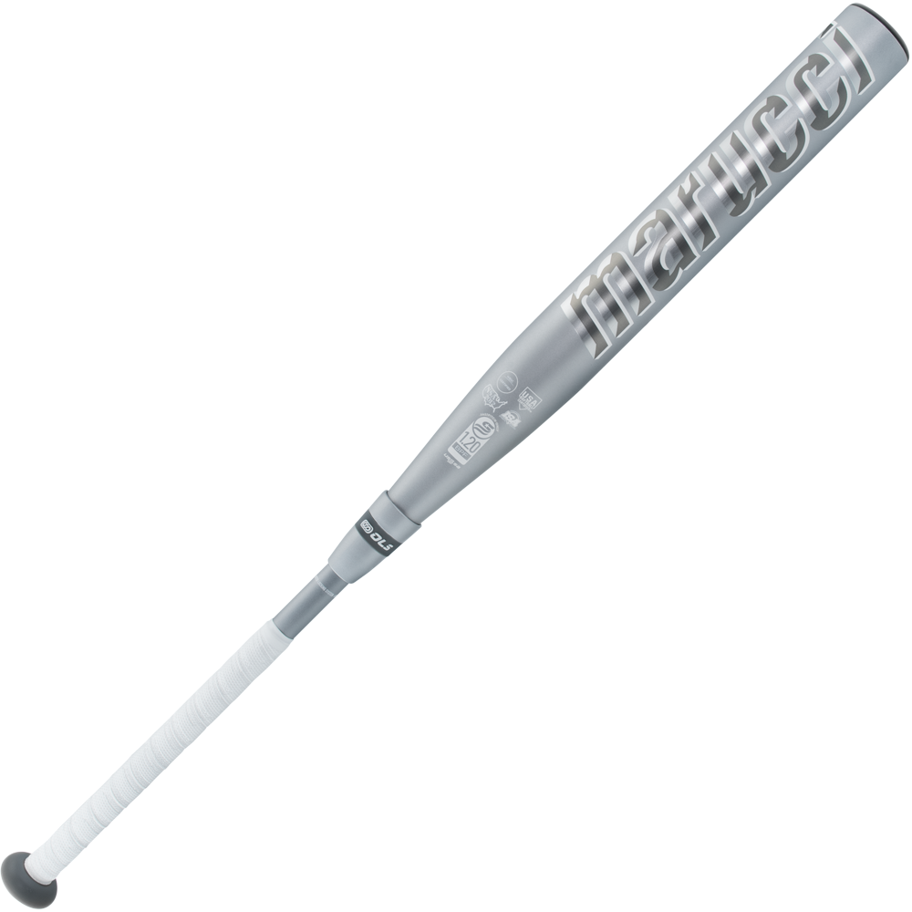 The 2025 Marucci Echo Connect DMND2 (-9) Fastpitch Softball Bat (MFPECD29) features a sleek silver finish, white grip tape, and bold Marucci branding on the barrel. This two-piece composite bat delivers both top performance and standout style.