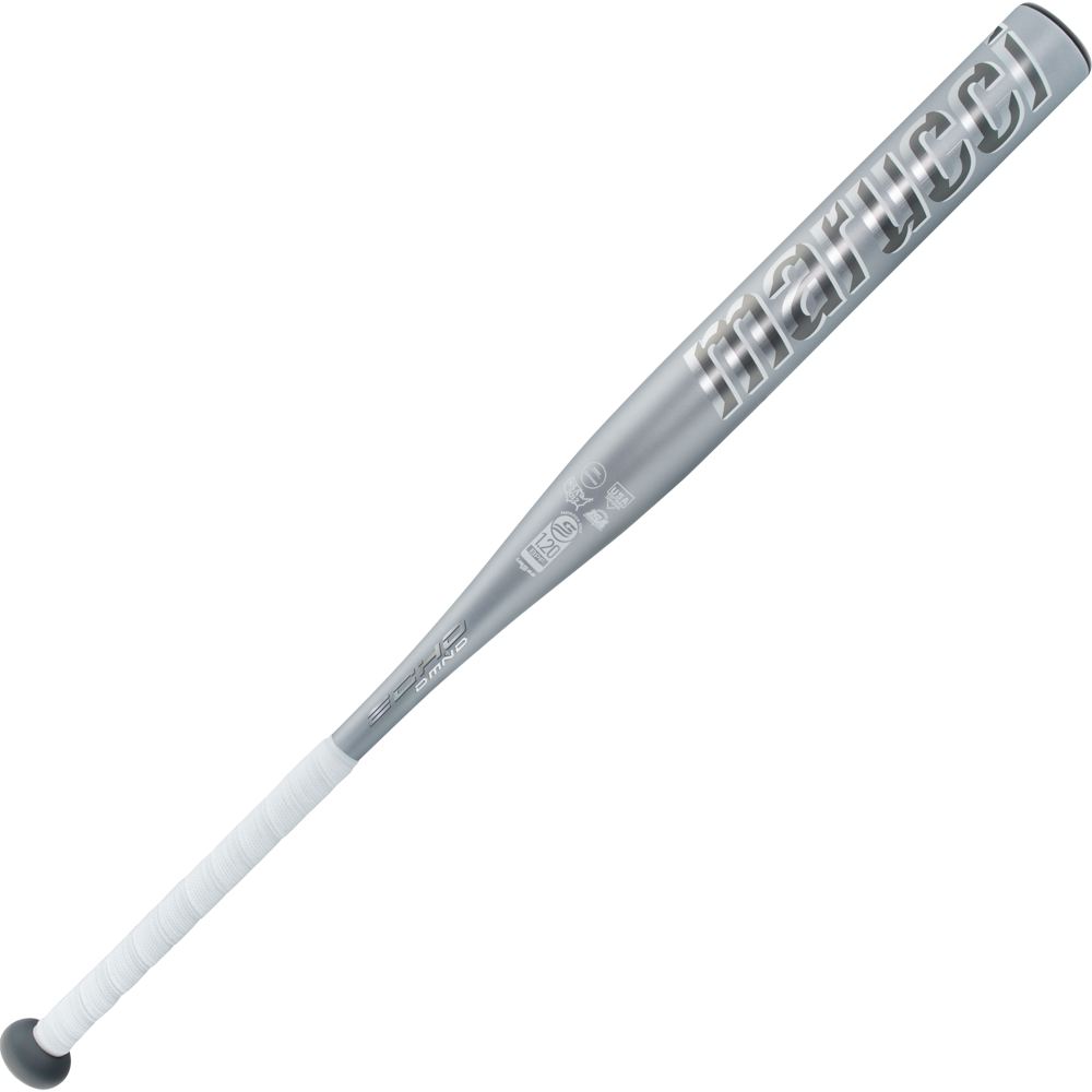 The 2025 Marucci Echo DMND2 (-11) Fastpitch Softball Bat: MFPED211, a silver one-piece composite bat with white grip tape, is displayed on a light gray background and features the Marucci logo near the barrel.