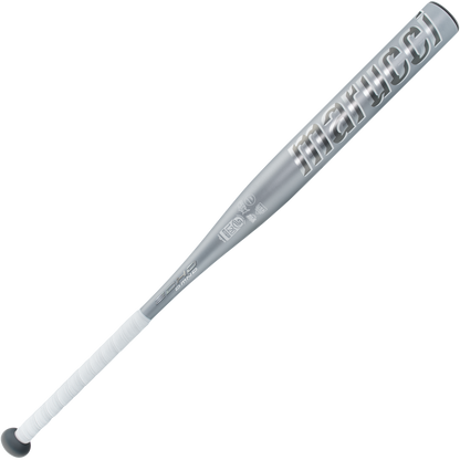 A 2025 Marucci Echo DMND2 (-9) Fastpitch Softball Bat (MFPED29) with a silver barrel, white grip tape, and liquid-gel knob is shown on a light background. The Marucci brand is boldly printed on the one-piece composite barrel.
