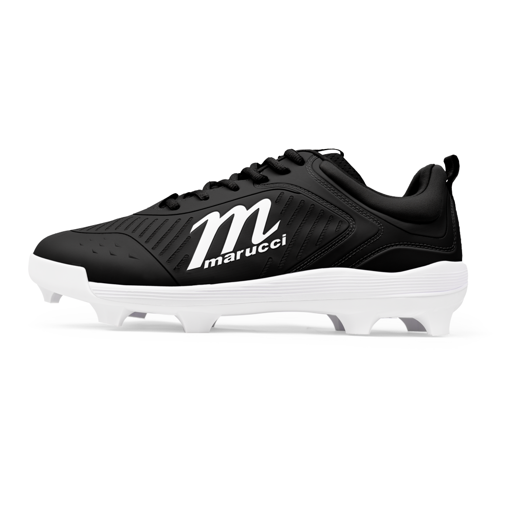 The Marucci CFT Low Molded Cleats (MFWCTML) are black and white low-cut baseball cleats, featuring a bold white M and Marucci logo on the side with molded white studs for superior traction and performance.