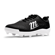 The Marucci CFT Low Molded Cleats (MFWCTML) feature a black and white design with a bold M logo, black laces, and white sole—perfect low-cut baseball cleats engineered for peak performance.
