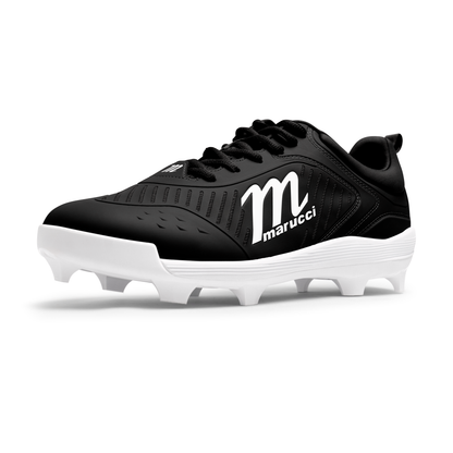 The Marucci CFT Low Molded Cleats (MFWCTML) feature a black and white design with a bold M logo, black laces, and white sole—perfect low-cut baseball cleats engineered for peak performance.