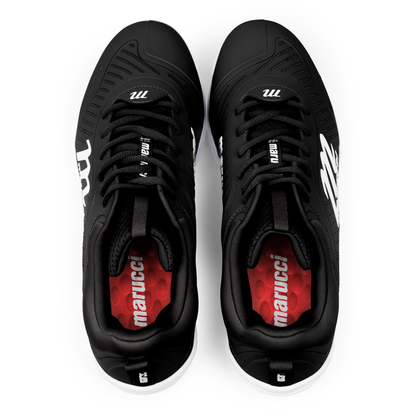 A pair of Marucci CFT Low Molded Cleats (MFWCTML) in black with white branding, black laces, and red insoles shown from above on a white background—ideal low-cut baseball footwear for athletic performance.