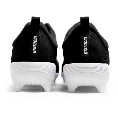 A rear view of two black and white Marucci CFT Low Molded Cleats (MFWCTML) with "marucci" on the pull tabs, set against a white background—ideal low-cut baseball cleats for top performance.