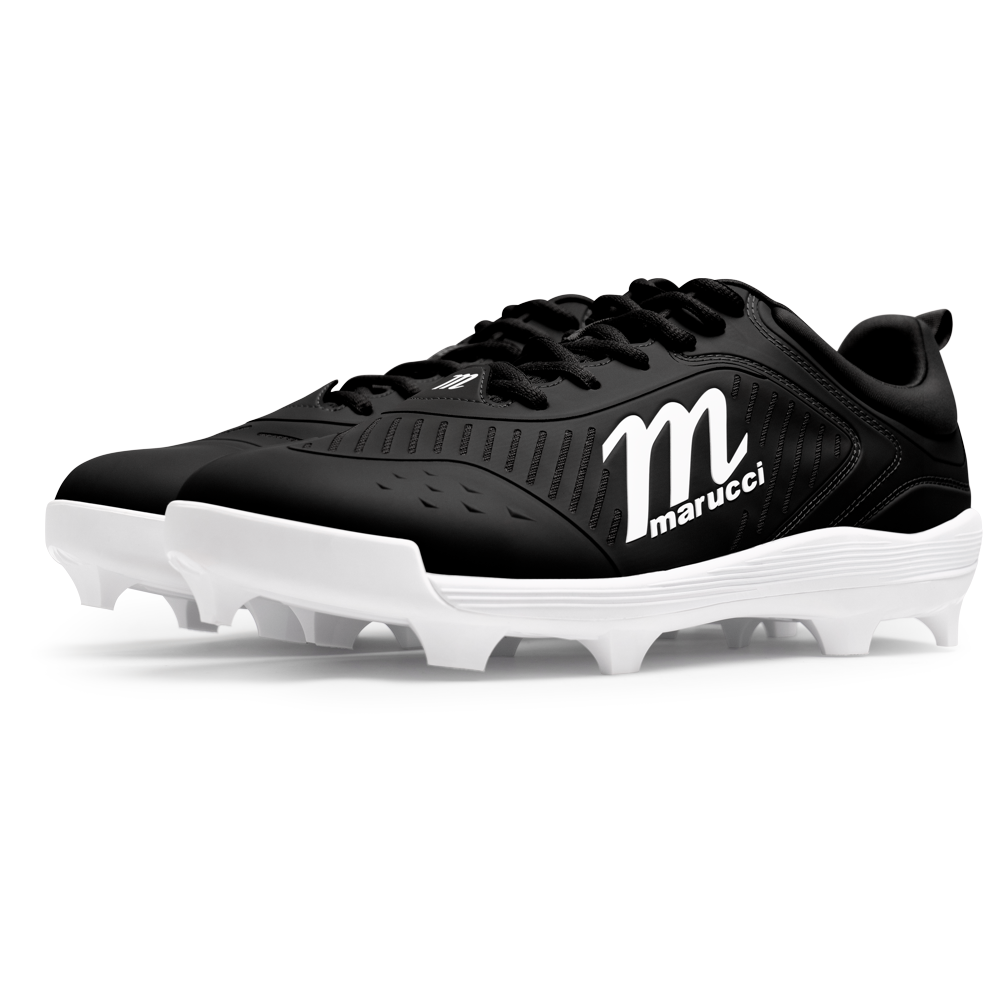 A low-angle view of black and white Marucci CFT Low Molded Cleats (MFWCTML) with molded spikes and side logo on a white background—perfect athletic footwear for baseball players.