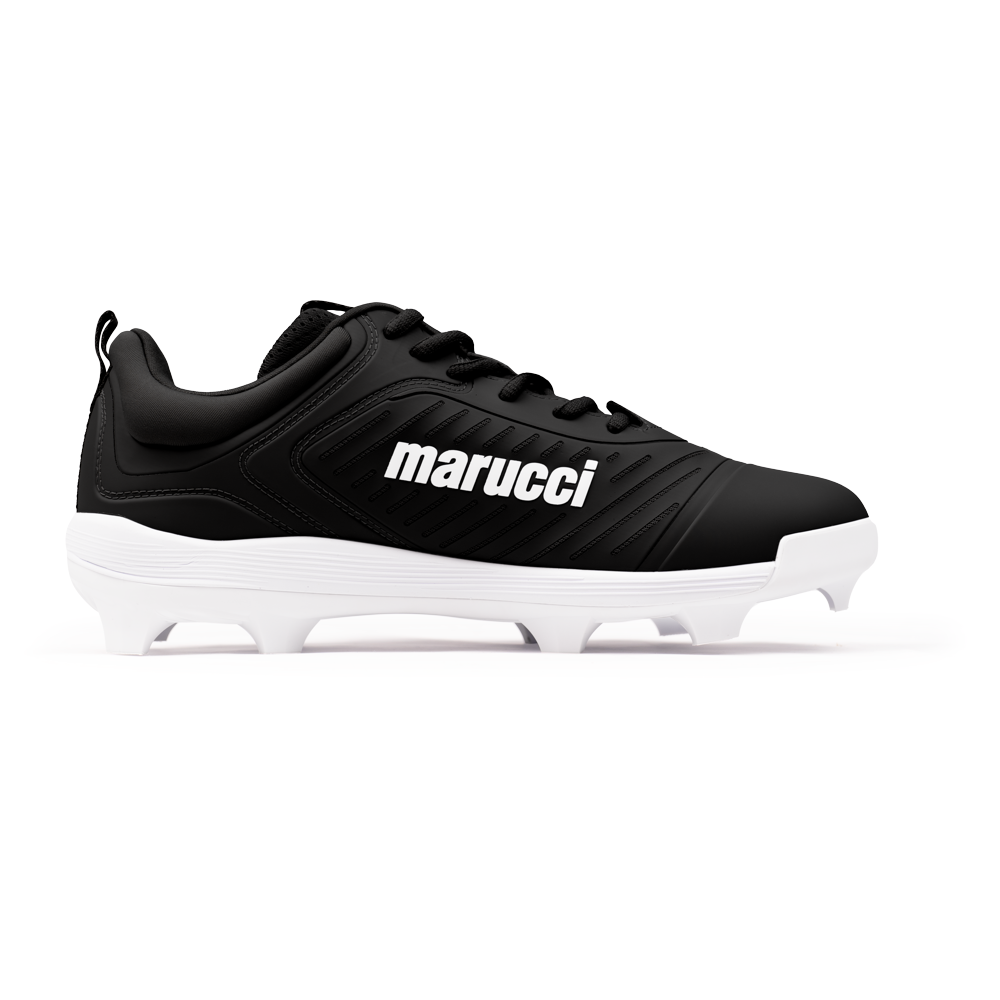 The Marucci CFT Low Molded Cleats: MFWCTML feature a black and white design with bold white Marucci lettering, black laces, and a white molded spike sole—ideal low-cut baseball cleats built for peak athletic performance.