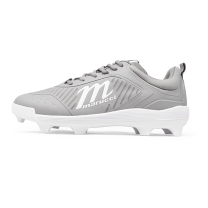 The Marucci CFT Low Molded Cleats: MFWCTML feature a grey design with white laces, white Marucci branding, and a white sole with molded cleats—ideal low-cut baseball cleats for athletic performance.