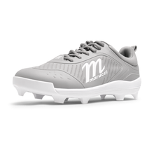 The Marucci CFT Low Molded Cleats: MFWCTML feature a gray and white design with black laces, Marucci logo on the side, and molded studs for great traction and performance on the field.