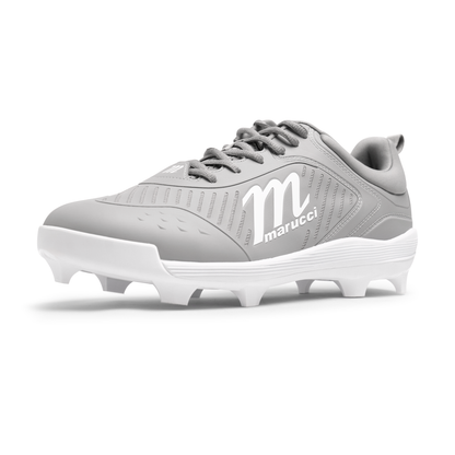 The Marucci CFT Low Molded Cleats: MFWCTML feature a gray and white design with black laces, Marucci logo on the side, and molded studs for great traction and performance on the field.