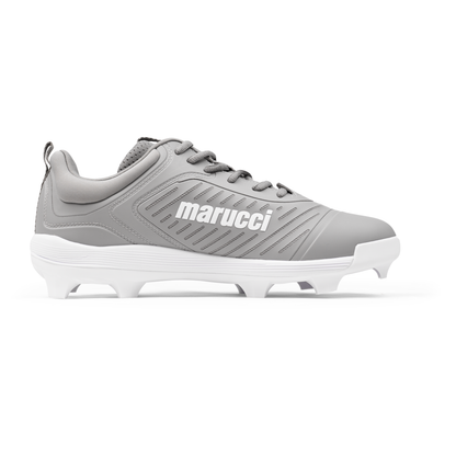 The Marucci CFT Low Molded Cleats (MFWCTML) are gray low-cut baseball shoes with white laces, textured sides, and a molded white sole—built for top athletic performance—shown on a plain white background.