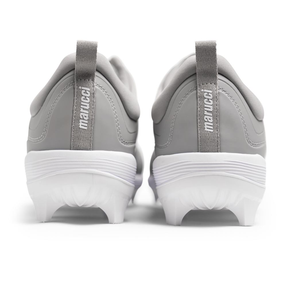 Step up your game with Marucci CFT Low Molded Cleats: MFWCTML—grey low-cut baseball cleats engineered by Marucci for optimal comfort and athletic performance on the field.