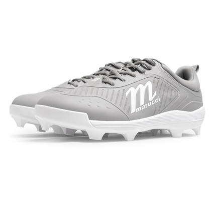 A pair of Marucci CFT Low Molded Cleats (MFWCTML) in gray and white, featuring the Marucci logo on the side, designed for athletic performance, displayed on a white background.