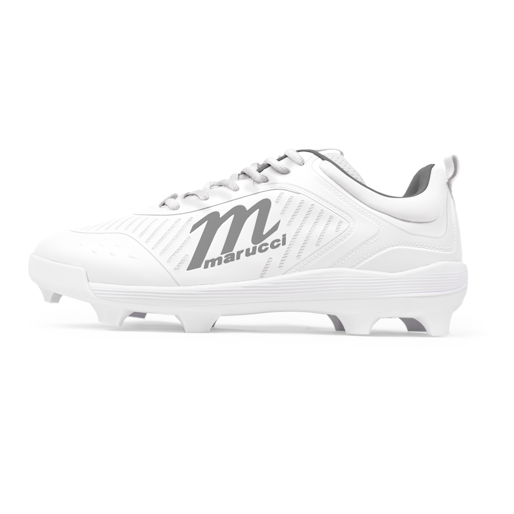 The Marucci CFT Low Molded Cleats (MFWCTML) feature a white design with gray accents, the signature m and Marucci logos, lace closure, and molded soles—ideal low-cut cleats for athletic baseball performance.