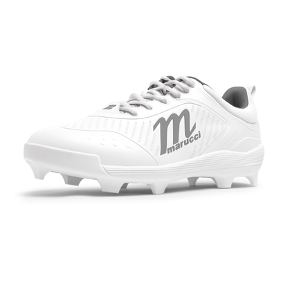 The Marucci CFT Low Molded Cleats (MFWCTML) feature a white design with gray laces and a bold gray Marucci logo on the side. This low-cut baseball cleat is displayed at an angle against a white background.