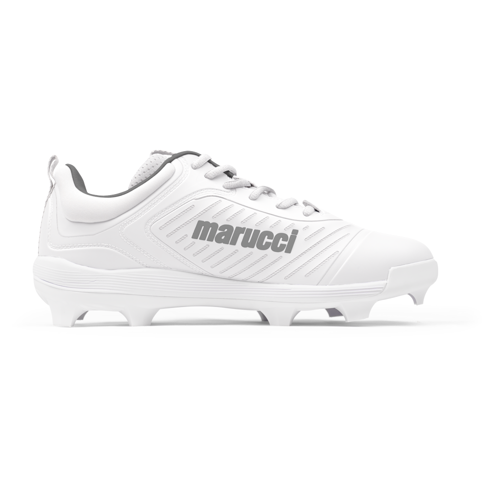The Marucci CFT Low Molded Cleats: MFWCTML are white, feature a gray logo, lace-up closure, and molded spikes. These low-cut baseball cleats from Marucci are shown from the side on a plain white background.