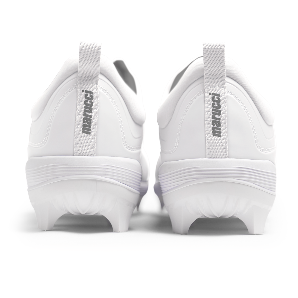 A pair of Marucci CFT Low Molded Cleats (MFWCTML) in white, seen from the back with gray pull tabs featuring "marucci"—ideal low-cut athletic footwear for serious baseball players.