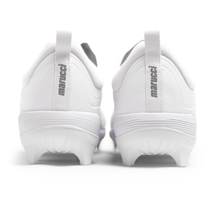 A pair of Marucci CFT Low Molded Cleats (MFWCTML) in white, seen from the back with gray pull tabs featuring "marucci"—ideal low-cut athletic footwear for serious baseball players.