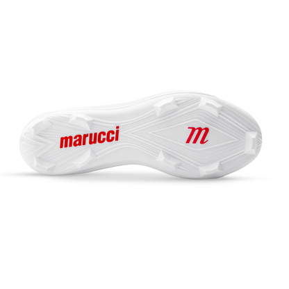 The image shows the white sole of Marucci CFT Low Molded Cleats (MFWCTML) featuring raised triangular studs and textured grip patterns; "marucci" and an “M” are printed in red, accenting these premium low-cut baseball cleats.