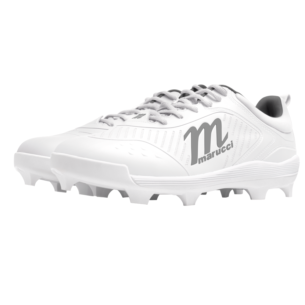 The Marucci CFT Low Molded Cleats: MFWCTML are white, low-cut baseball cleats with gray laces and a gray Marucci logo, featuring molded studs for top traction and athletic performance on the field.