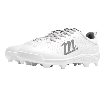 The Marucci CFT Low Molded Cleats: MFWCTML are white, low-cut baseball cleats with gray laces and a gray Marucci logo, featuring molded studs for top traction and athletic performance on the field.