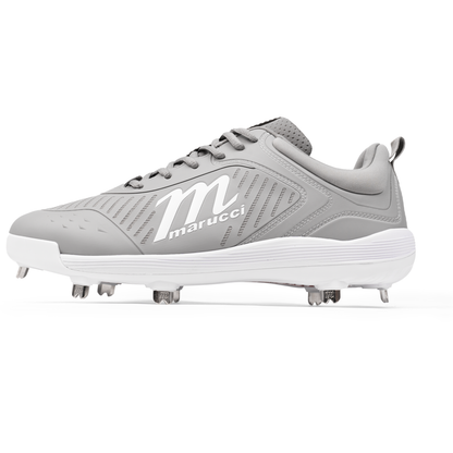A gray Marucci CFT Low Metal Cleats: MFWCTSL baseball cleat with white logo and accents, featuring metal soles, is showcased on a plain white background—a standout athletic footwear by Marucci.
