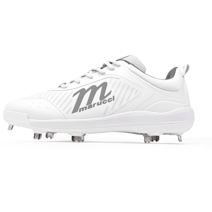 The Marucci CFT Low Metal Cleats (MFWCTSL) feature a white design with silver metal spikes, gray laces, and bold Marucci branding—including a large M logo—perfect for serious athletes seeking premium performance.
