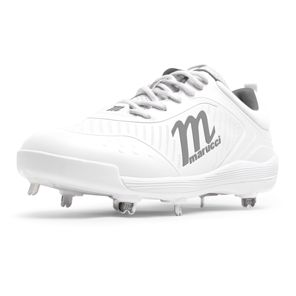 The Marucci CFT Low Metal Cleats: MFWCTSL, a white baseball shoe with silver laces, metal spikes, and the gray Marucci logo on the side, is displayed against a plain white background for a sleek athletic look.